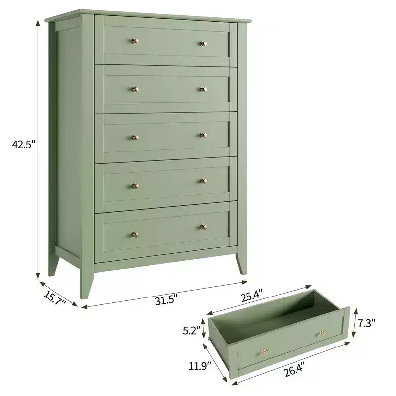 Commode haute de 42,5 po à 5 tiroirs pour chambre, armoire de rangement en bois avec tiroirs profonds de 11,9 po et boutons en métal doré, idéale pour l’entrée ou le couloir