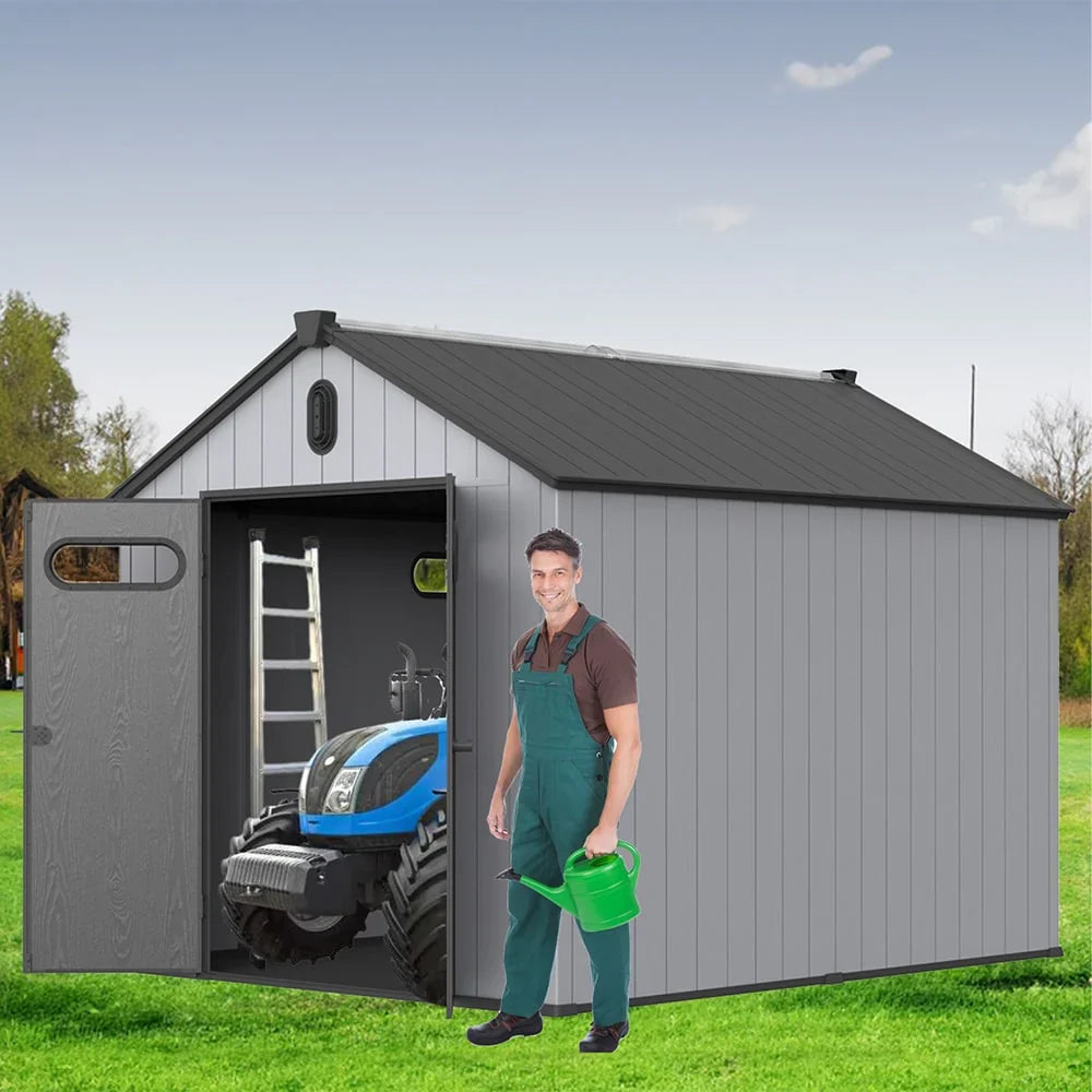 Opslagschuur van 6 ft x 4 ft/6 ft x 8 ft/8 ft x 6 ft/8 ft x 10 ft, weerbestendig kunststofhars voor buiten met vloer, gereedschapsschuur met puntdak