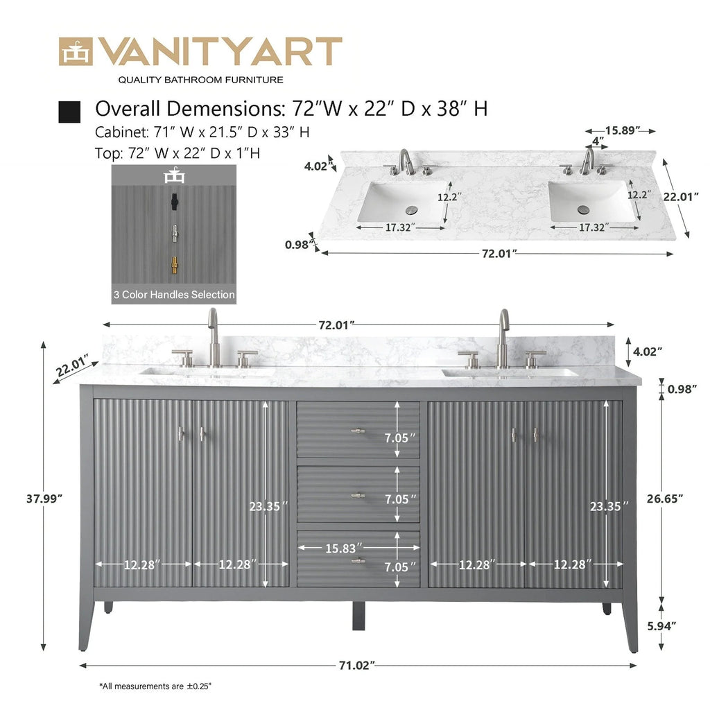 Vanity Art 72 badkamermeubel met dubbele wastafel en blad van composietmarmer