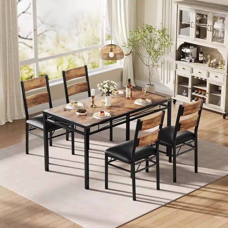 Ensemble de table à manger pour 4 personnes avec 4 chaises rembourrées, ensemble de table de cuisine en bois de 5 pièces avec protection d’angle pour cuisine, appartement ou petit espace