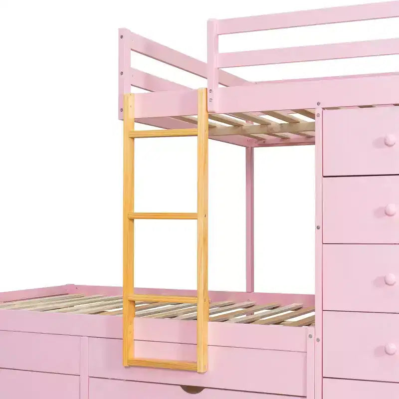 Modern stapelbed voor twee tweepersoonsmatrassen met ingebouwde kledingkast en 7 opbergladen