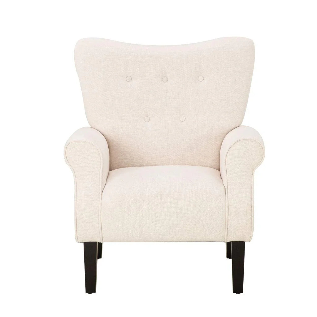 Erommy moderne accentstoel, fauteuil met hoge rugleuning, gestoffeerde stoffen fauteuil met knopen en houten poten voor de woonkamer