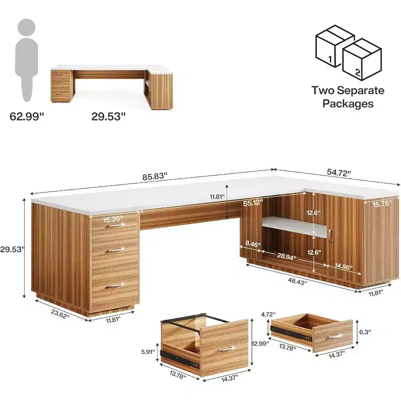 Grand bureau de direction en L Lantine 85.8, bureau d’ordinateur extra-large avec tiroirs pour dossiers, pour bureau à domicile