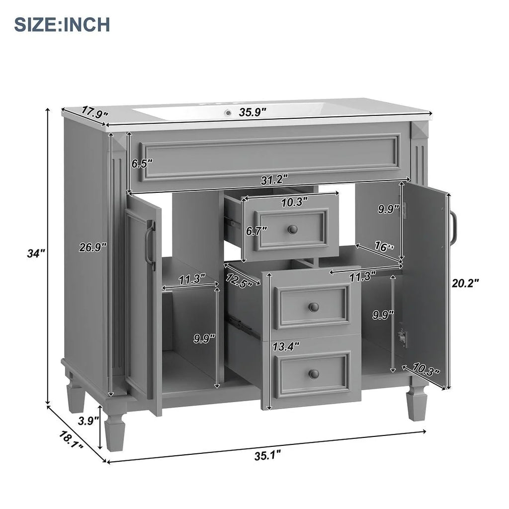 Meuble-lavabo moderne de salle de bains de 36 po avec vasque sur plan, armoire à miroir, 2 portes et 2 tiroirs