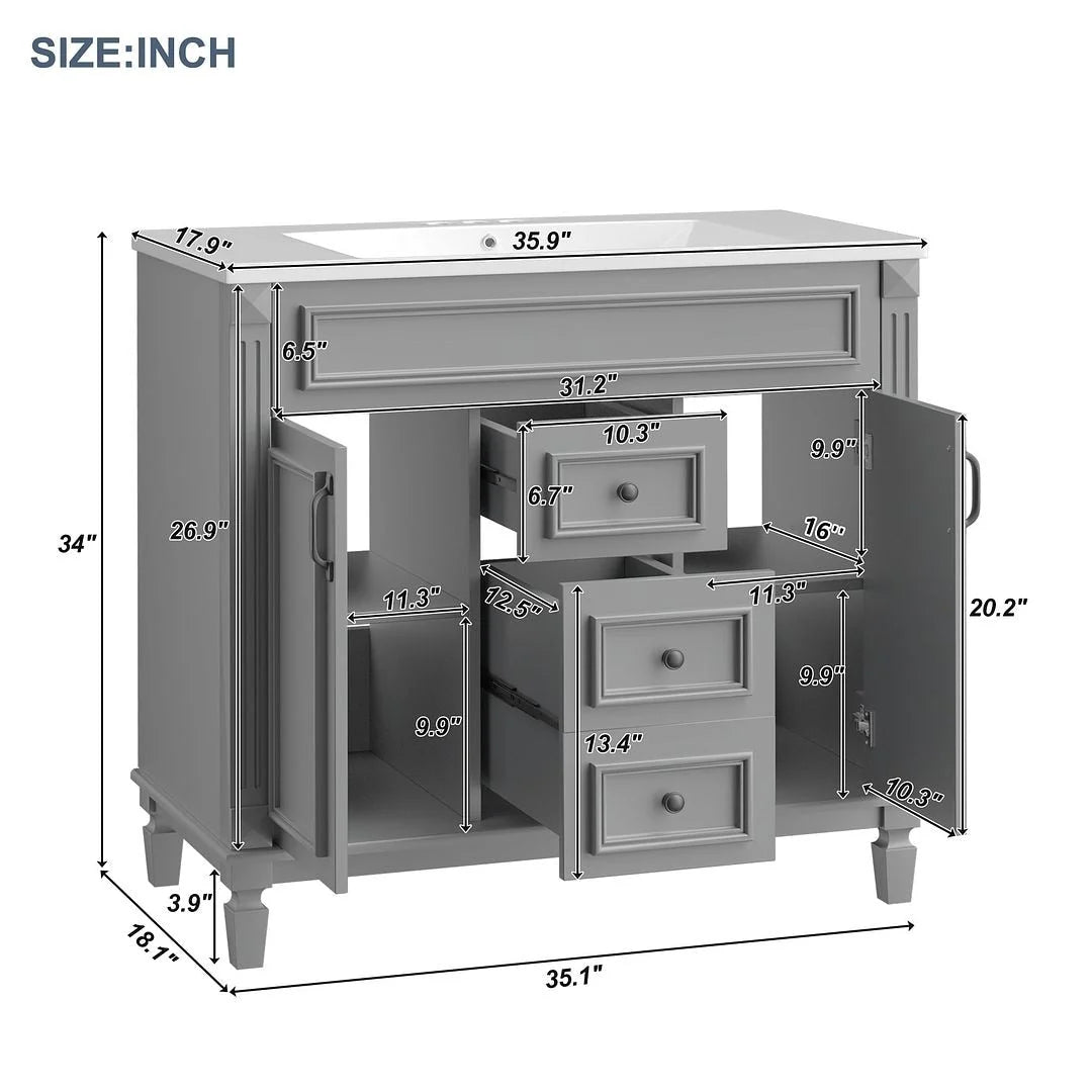 Meuble-lavabo moderne de salle de bains de 36 po avec vasque sur plan, armoire à miroir, 2 portes et 2 tiroirs