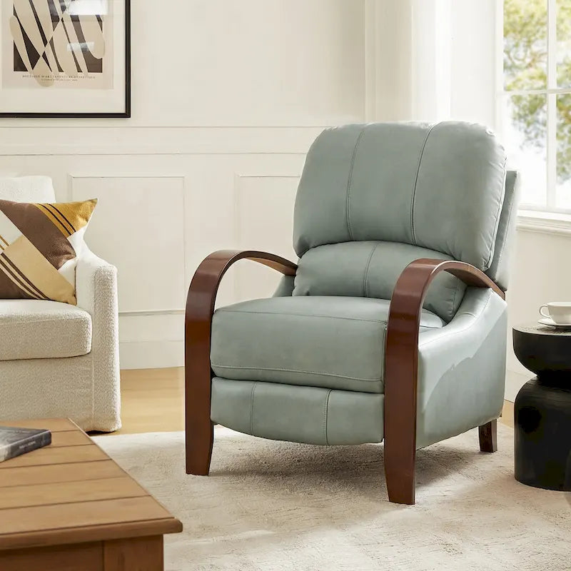 Alex moderner Relaxsessel im Mid-Century-Stil aus echtem Zigarrenleder mit manueller Verstellung und geschwungenen Holzarmlehnen