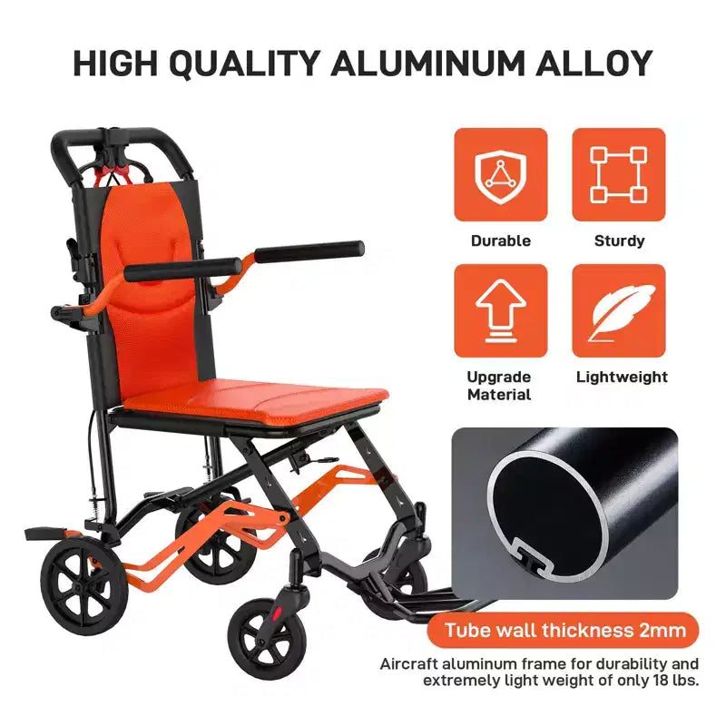 Fauteuil roulant de transport pliable ultraléger, capacité de 220 lb, cadre en aluminium de 18 lb, assise de 16,2, accoudoirs et repose-pieds amovibles, frein à main verrouillable
