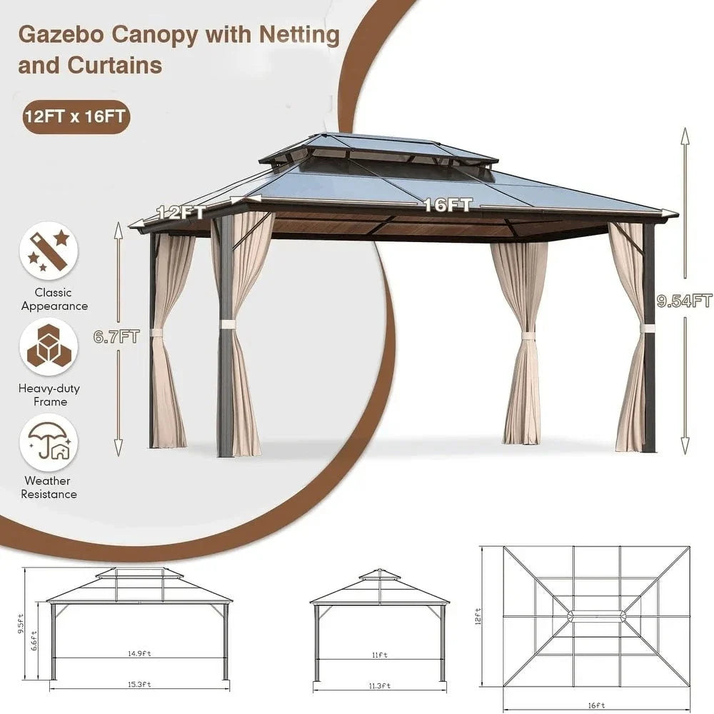 EROMMY Pavillon mit festem Dach, Outdoor-Pergola mit Doppeldach, Netzvorhängen und Vorhängen, robustes Vordach für Terrasse, Garten und Poolpartys