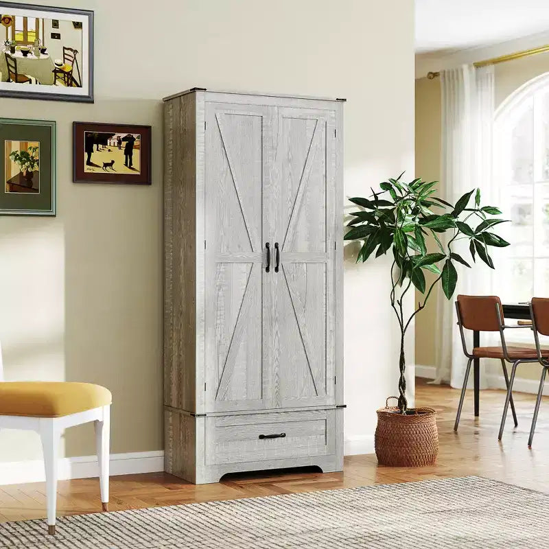 HOMCOM 72 Landhaus-Speisekammernschrank mit Scheunentüren, hoher Küchenschrank mit verstellbaren Einlegeböden und Schublade