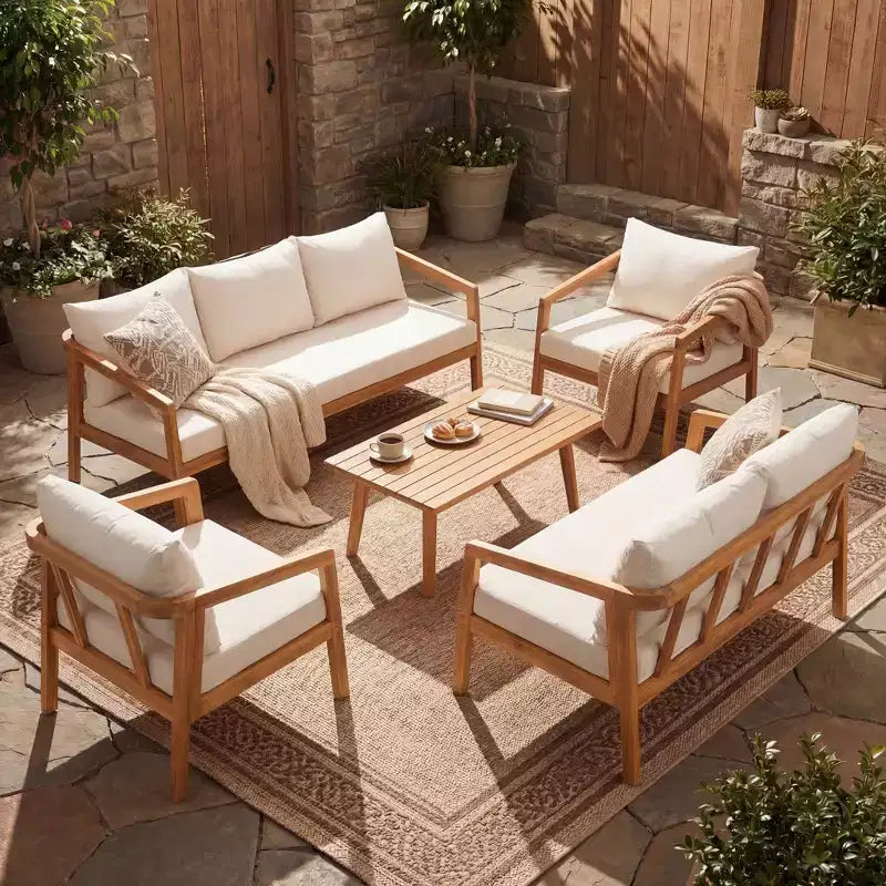Christopher Knight Home Sunny Modernes 5-teiliges Sitzset aus Akazienholz mit rechteckigem Tisch mit Lattenplatte und 7 Sitzplätzen