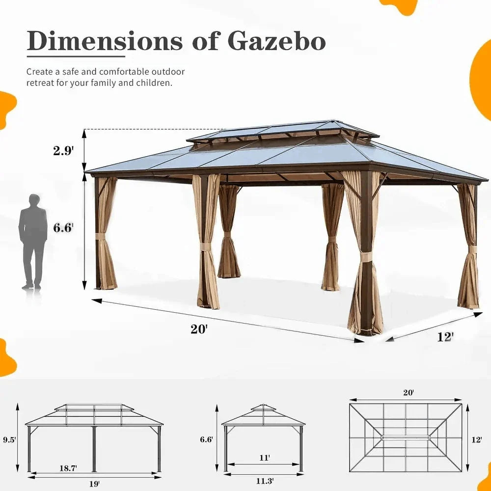 EROMMY Pavillon mit festem Dach, Outdoor-Pergola mit Doppeldach, Netzvorhängen und Vorhängen, robustes Vordach für Terrasse, Garten und Poolpartys