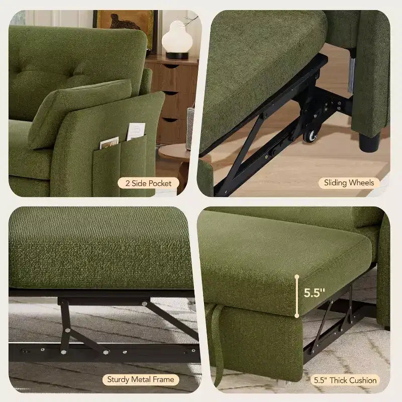 Dyonery 3-in-1-Schlafsofa, ausziehbares Schlafsofa mit Seitentasche und verstellbarer Rückenlehne, werkzeuglose Montage, klappbares Loveseat