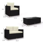4-teiliges Rattan-Sofaset, Korbsofaset für die Terrasse mit Zweiersofa, Sesseln und Couchtisch mit Glasplatte für Garten und Außenbereich