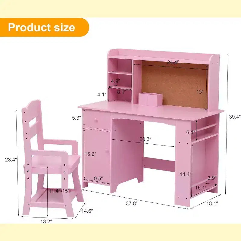 Kinderschreibtisch mit Stuhl-Set für Jungen und Mädchen, hölzerner Kinderschreibtisch mit Bücherregal, Pinnwand, Schrank und Schublade für Kinder von 3–8 Jahren