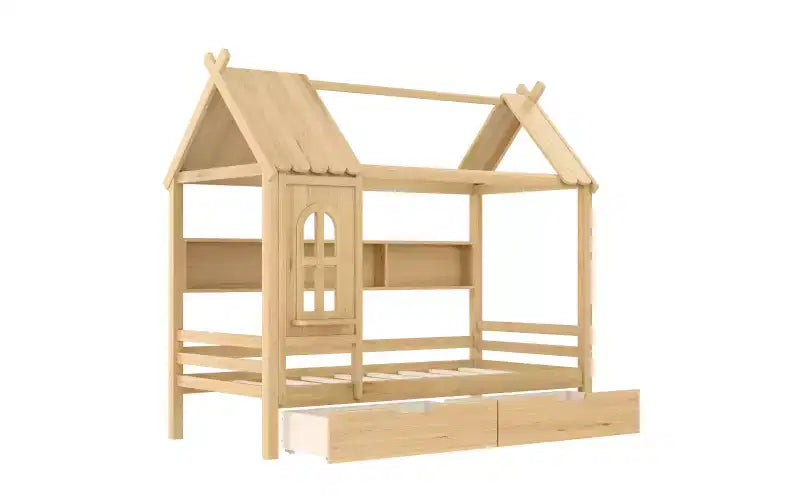 Lit plateforme en forme de maison avec tiroirs de rangement et fenêtre, cadre en bois massif avec étagères, design ludique pour enfant, blanc clair