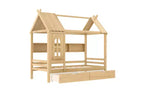 Lit plateforme en forme de maison avec tiroirs de rangement et fenêtre, cadre en bois massif avec étagères, design ludique pour enfant, blanc clair