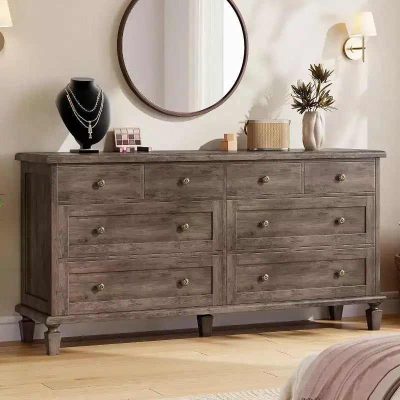 Ladekast met 8 laden voor de slaapkamer, vintage ladekast van 59 inch en tv-meubel met gebeeldhouwde handgrepen en taps toelopende poten, houten ladekast met ruime opbergruimte