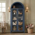 Armoire de rangement haute et cintrée avec portes vitrées, bibliothèque d’exposition à 5 niveaux avec étagères réglables pour la cuisine ou le salon