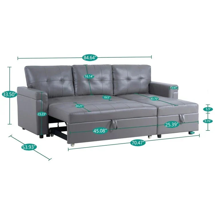 Umwandelbares, beidseitig montierbares Ecksofa mit ausziehbarem Schlafbett, verstecktem Stauraum in der Recamiere und robusten Beinen