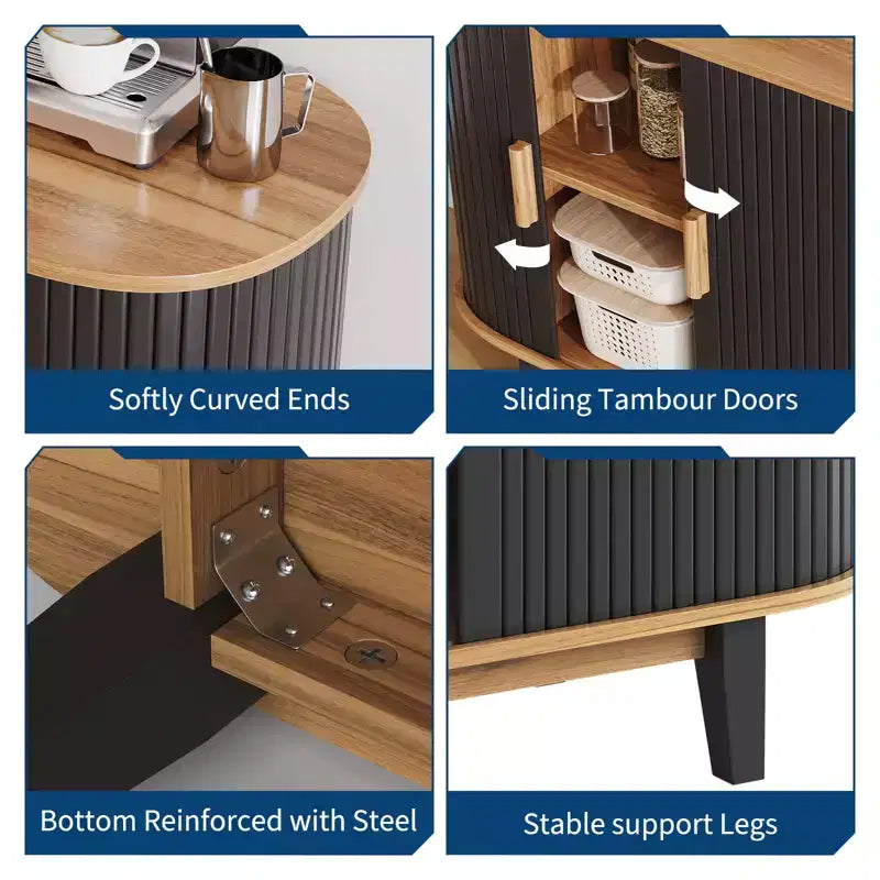 Geribbeld dressoir van 40 inch, opbergkast met schuifdeur en verstelbare plank, moderne credenza-opbergkast, bartafel met roldeur