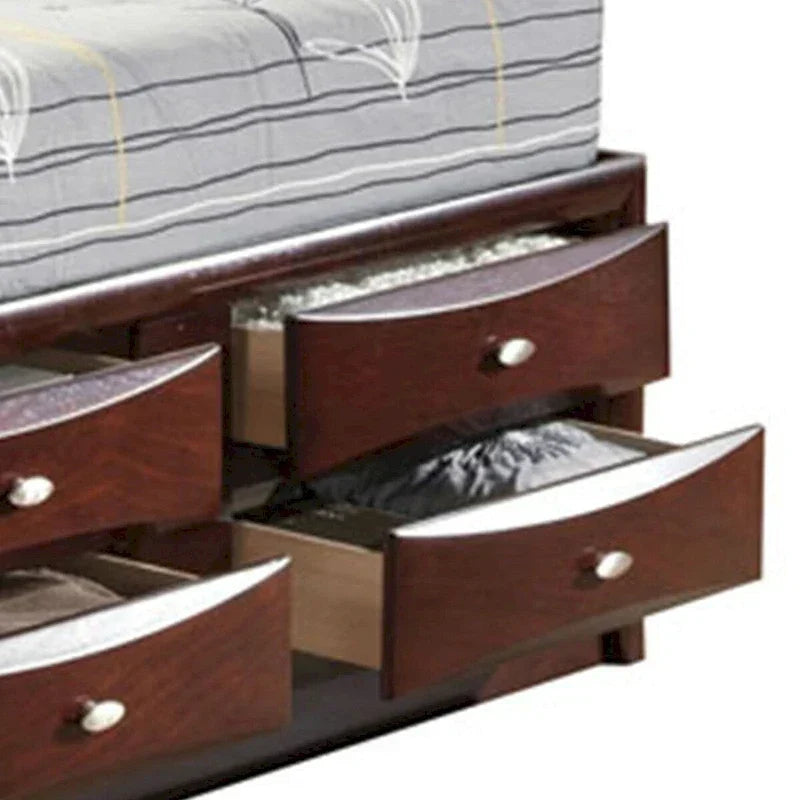 Lit queen size à panneaux avec bibliothèque et tiroirs, marron