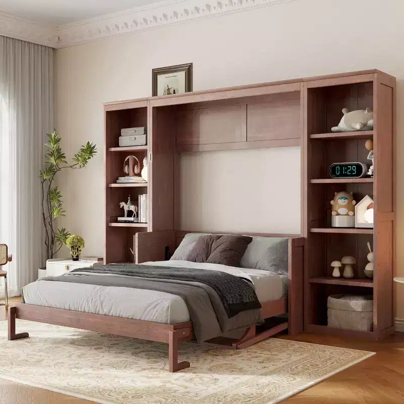 Murphy-Bett in Full-/Queen-Größe, platzsparendes Wandbett mit Schreibtisch und Bücherregal, Dunkelbraun – ModernLuxe