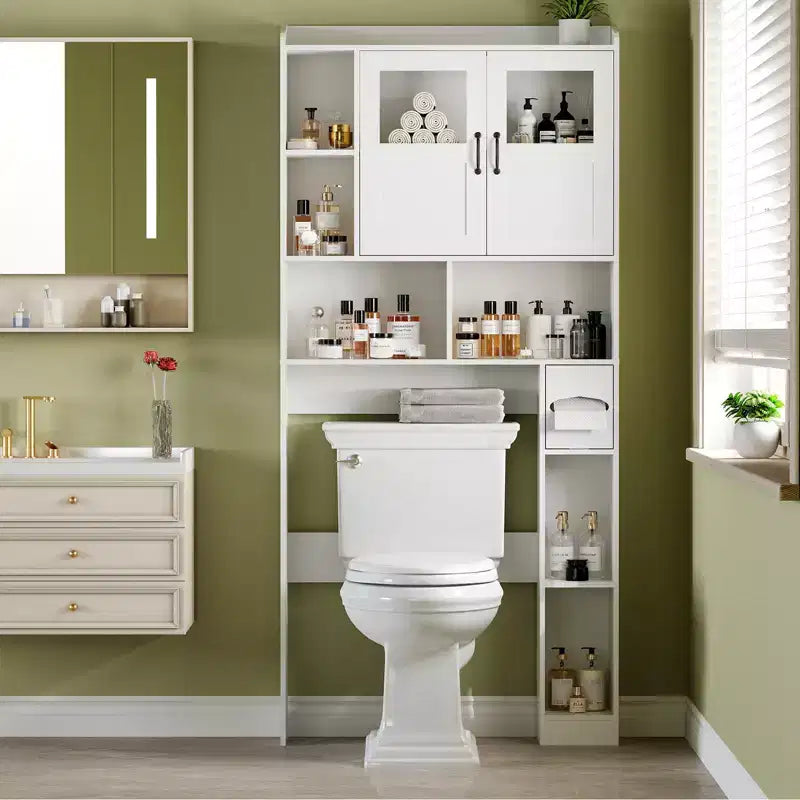 Opbergkast boven het toilet – 171,2 cm hoog, badkamerorganizer en opbergruimte in boerderijstijl met verstelbare plank en glazen deur voor badkamer en wasruimte