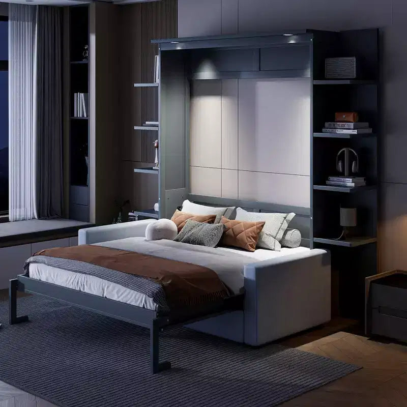 Lit escamotable mural queen size avec canapé, lit armoire pliant queen size avec bibliothèque et étagères pour chambre d’amis ou bureau