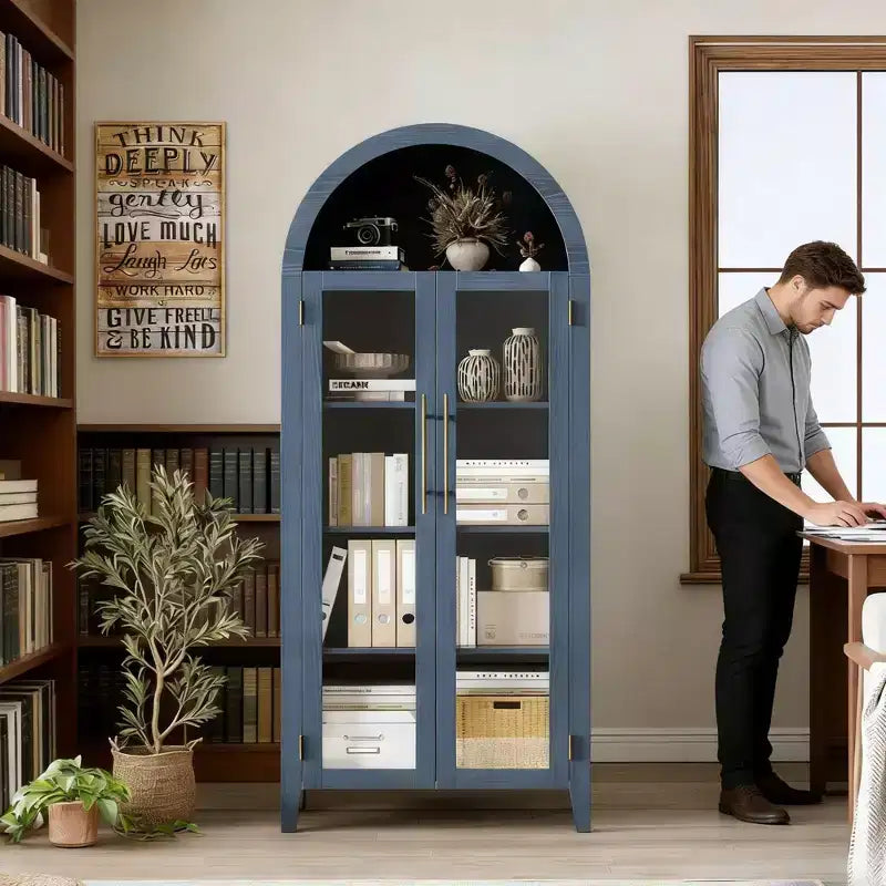 Armoire de rangement haute et cintrée avec portes vitrées, bibliothèque d’exposition à 5 niveaux avec étagères réglables pour la cuisine ou le salon