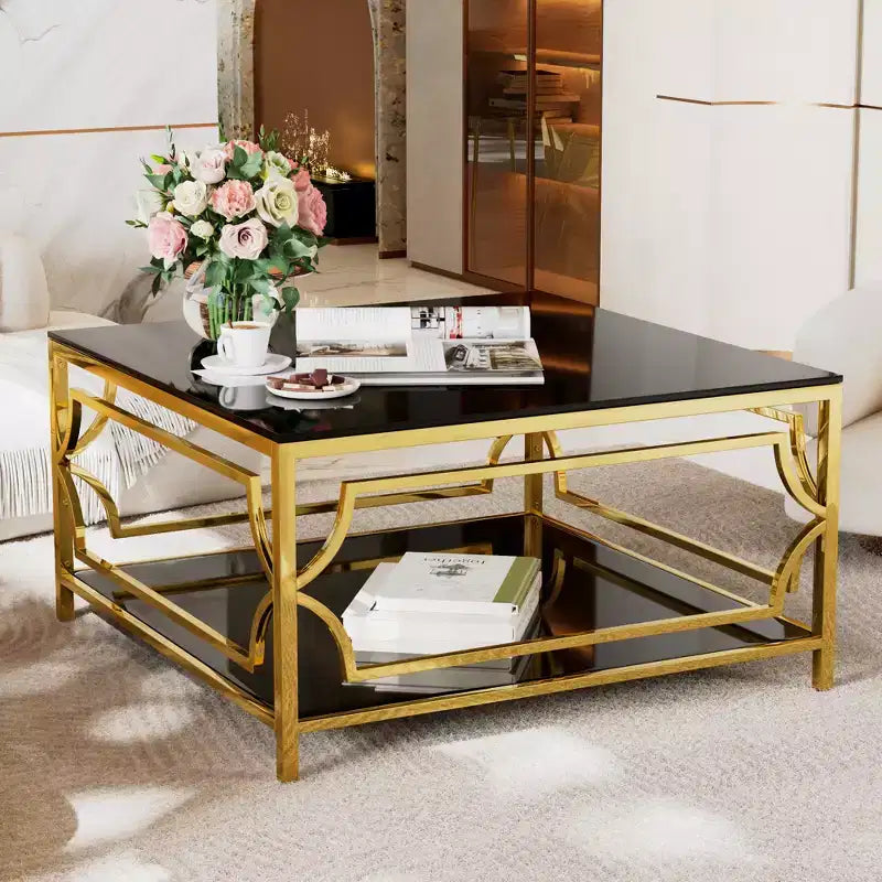 Quadratischer Couchtisch von Merax mit schwarzer oder transparenter Glasplatte und zweistöckigem Ablagefach
