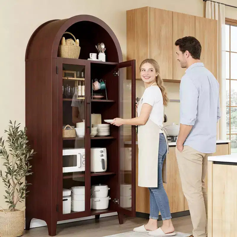 Armoire de rangement haute et cintrée avec portes vitrées, bibliothèque d’exposition à 5 niveaux avec étagères réglables pour la cuisine ou le salon