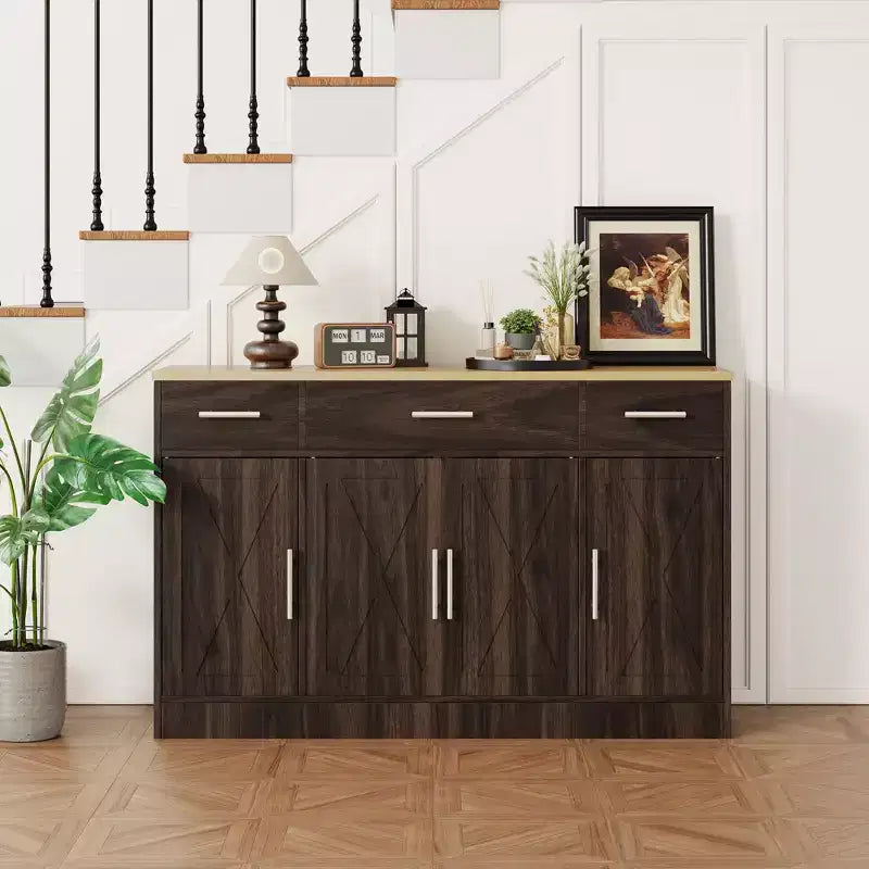 Buffet de rangement Celebalcony, grand meuble de cuisine de 53,4 pouces avec 3 tiroirs et 4 portes, étagère réglable pour la cuisine et le salon