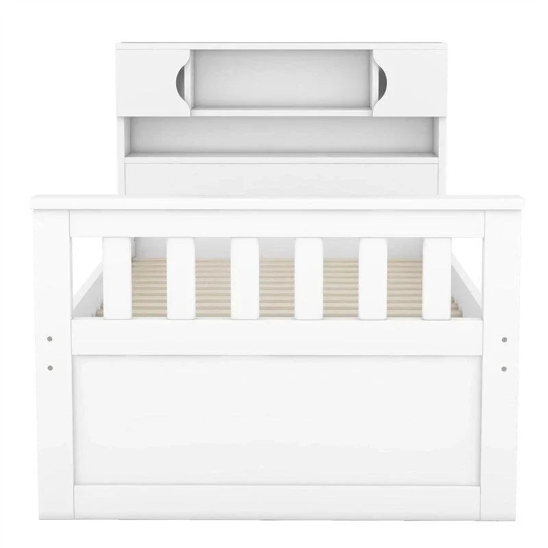 Lit plateforme de capitaine Twin/Full avec 4 tiroirs et étagères de rangement, structure en bois massif avec tête de lit bibliothèque et rangements