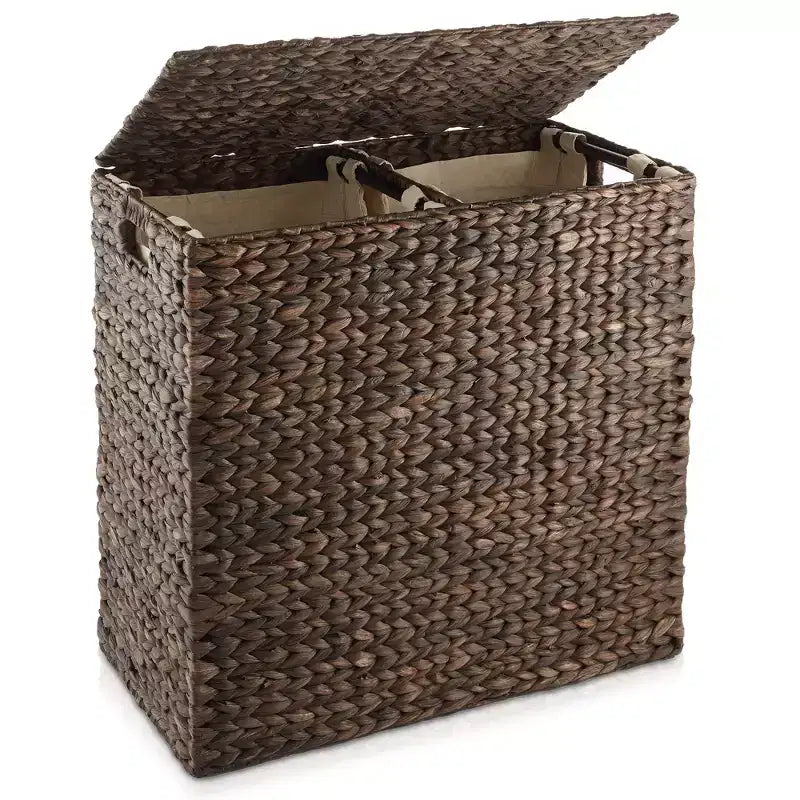 Panier à linge Casafield à 2 compartiments avec couvercle et sacs doublures amovibles, trieur de linge tressé en jacinthe d’eau pour vêtements