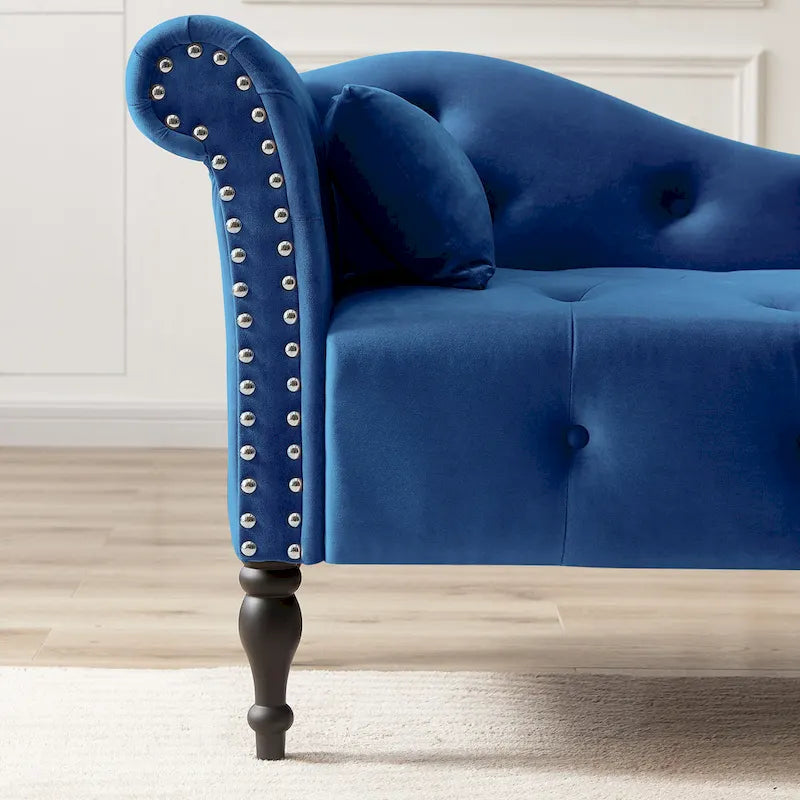 Chaise longue moderne de 60,6 po, capitonnée en velours avec boutons, pieds en bois massif et clous décoratifs