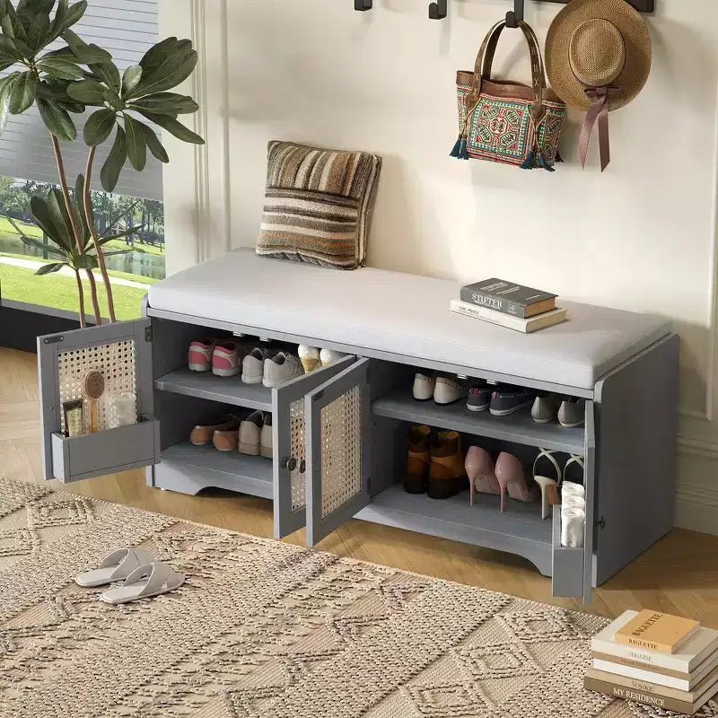 Banc de rangement rustique en bois Whisen, banc à chaussures pour entrée avec coussin amovible et étagères réglables