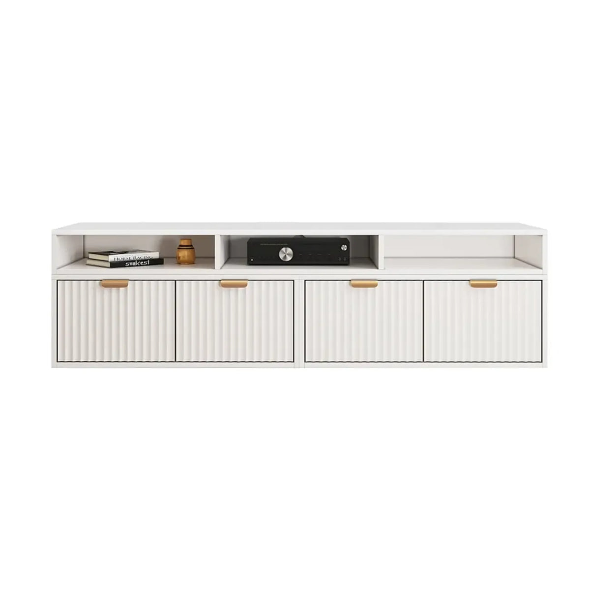 Meuble TV d'angle moderne blanc à 2 tiroirs avec rangement ouvert