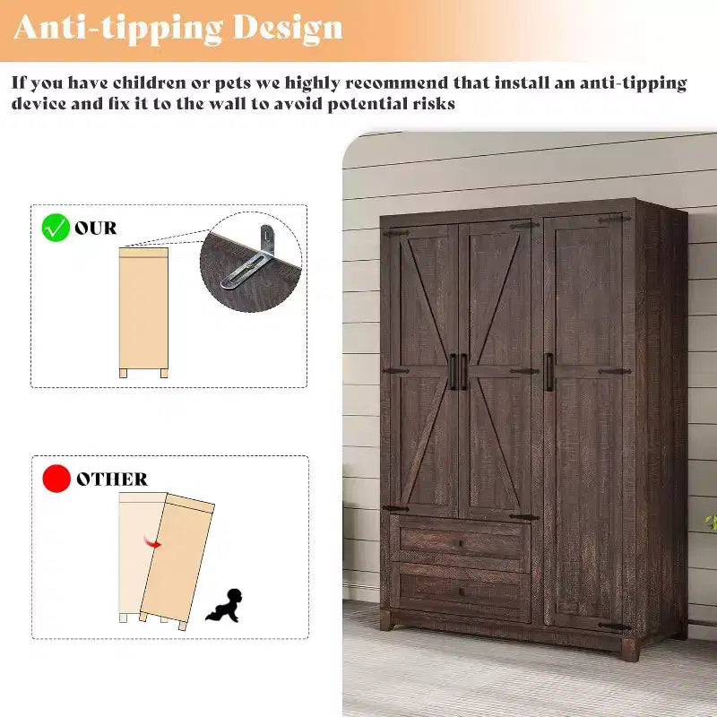 AMERLIFE 47-Zoll-Kleiderschrank im Landhausstil mit 3 Türen, 2 Schubladen, Kleiderstange und verstellbaren Regalen, freistehender Kleiderschrank-Organizer