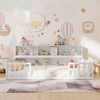 Twin/Full Size Montessori Floor Bed with Bookcase Storage Shelves & Safety Fence Rails White/Gray