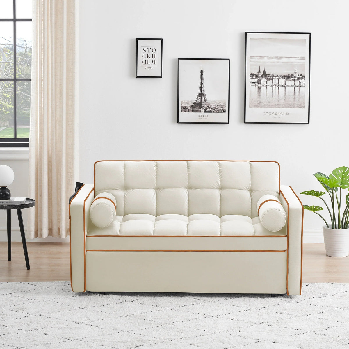 Velvet Convertible 55'' 2-Seater Sleeper Sofa with Pull-Out Bed, Adjustable Recline, Side Pockets, and Phone Holder