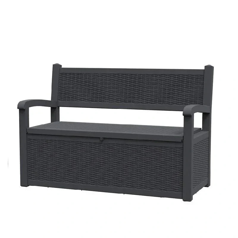 Banc de rangement en résine tout temps avec compartiment dissimulé verrouillable – design imitation rotin, capacité de 500 lb, rangement de 70 gallons