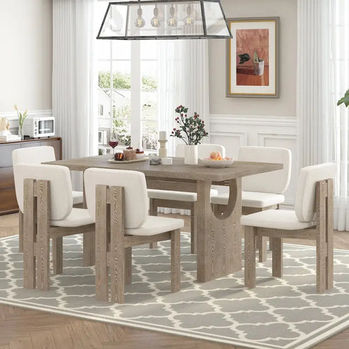 Ensemble de table à manger 7 pièces, ensemble de cuisine en bois massif avec table rectangulaire, piètement à tréteaux design et 6 chaises rembourrées