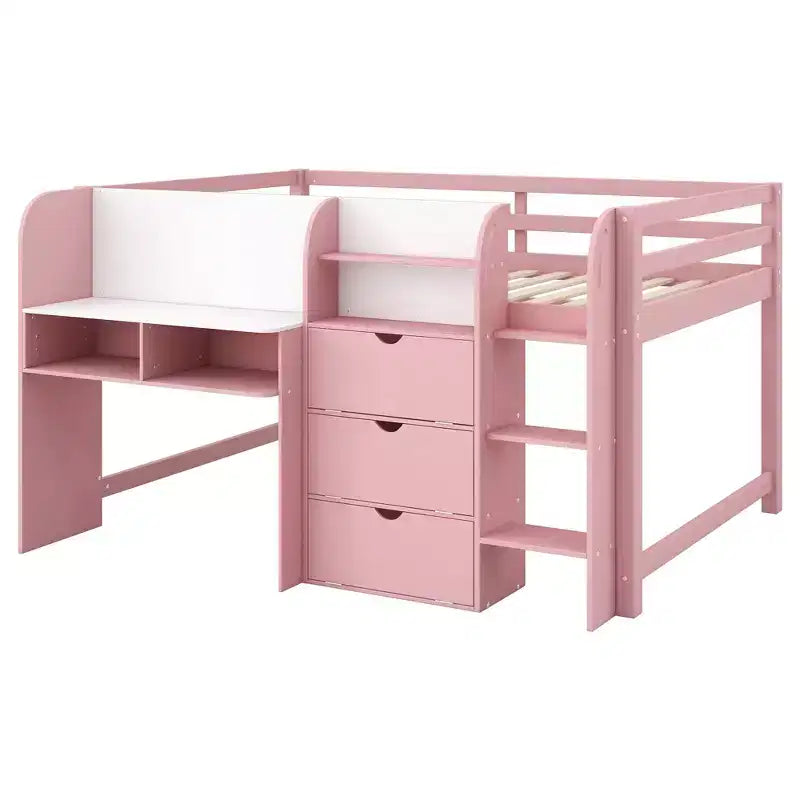 Laag stapelbed in roze/wit met bureau, opbergruimte en whiteboard - C voor 1 persoon, eenpersoonsbed
