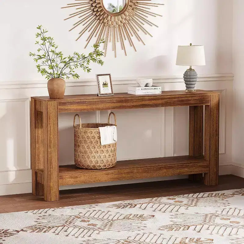 63 inch smalle houten haltafel met 2 laden voor woonkamer, gang of entree, decoratieve opberghaltafel