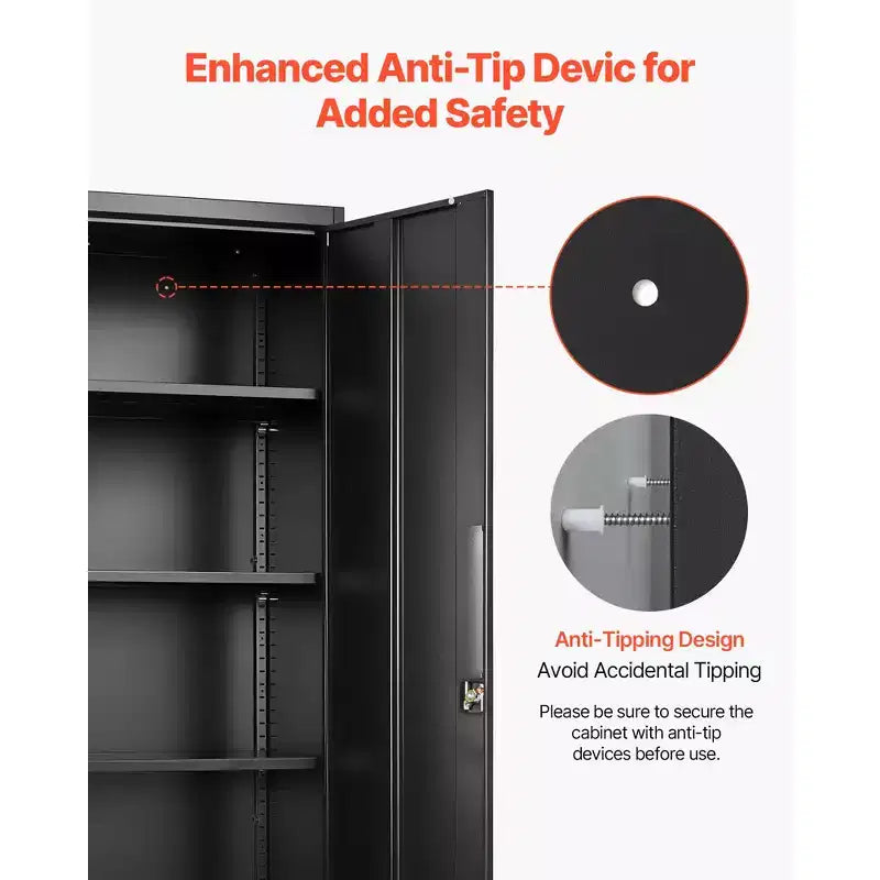 Armoire de rangement métallique VEVOR, armoire de garage en acier verrouillable de 68,9 pouces avec 4 étagères réglables, 2 portes magnétiques, 2 clés et 5 niveaux de rangement pour outils, noire