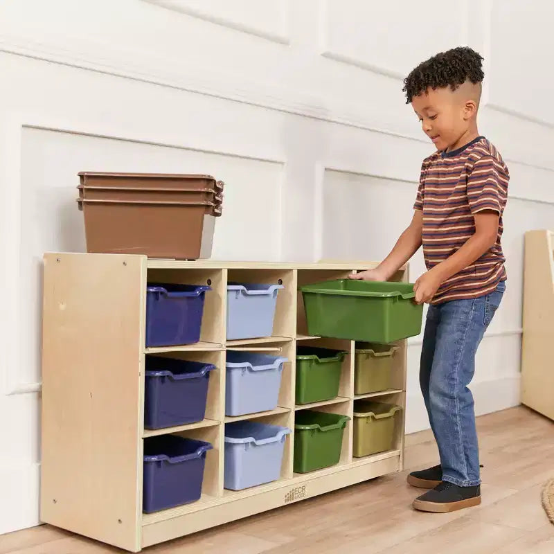 Meuble mobile à plateaux avec casiers et 15 bacs frontaux à ouverture en forme de cuillère, 3 x 4, mobilier pour enfants