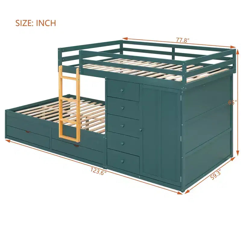 Lit superposé deux places sur deux places avec armoire de rangement et tiroirs, lit superposé en bois deux places gain de place avec barrière de sécurité pour appartement et chambre