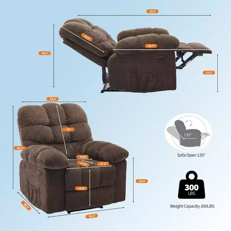 Manueller Relaxsessel, ergonomischer Relaxsessel aus atmungsaktivem Stoff mit Seitentaschen, Einzelsessel, geeignet für Wohnzimmer und Schlafzimmer