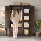 AMERLIFE 47-Zoll-Kleiderschrank im Landhausstil mit 3 Türen, 2 Schubladen, Kleiderstange und verstellbaren Regalen, freistehender Kleiderschrank-Organizer