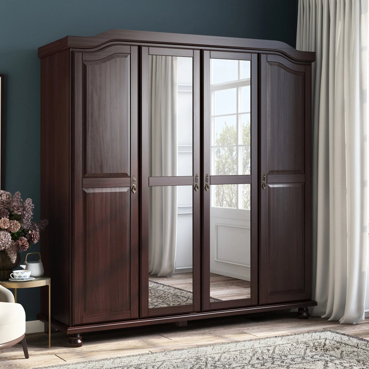Palace Imports Kyle 4-türiger Kleiderschrank aus 100 % Massivholz mit Türen aus Massivholz oder Spiegelglas